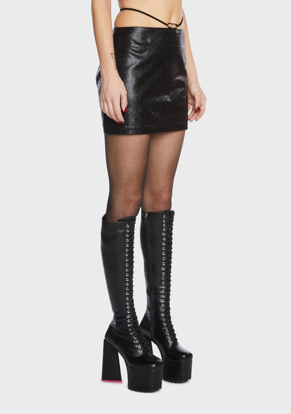 Black Strappy High-Waisted Vegan Leather Mini Skirt