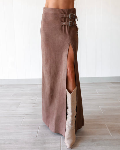 Brown Double Buckle High Slit Suede Maxi Skirt