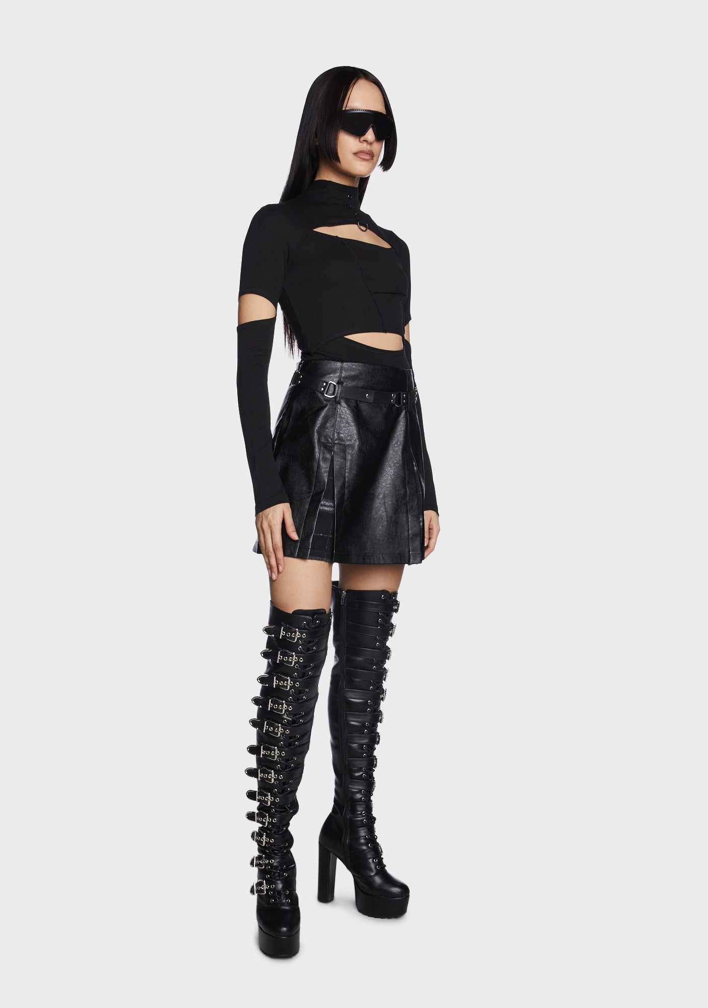 Black Plaid Splicing High-Waisted Vegan Leather Skirt