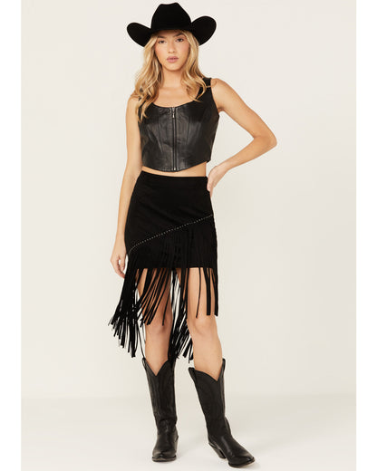 Black Asymmetrical Fringe Mini Skirt with Studded Hem