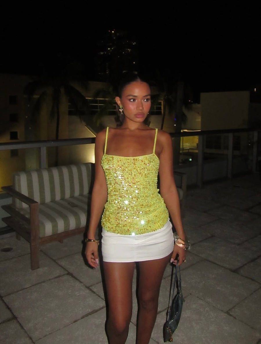 Lemon Sequin Strappy Cami Top for Night Out Glam