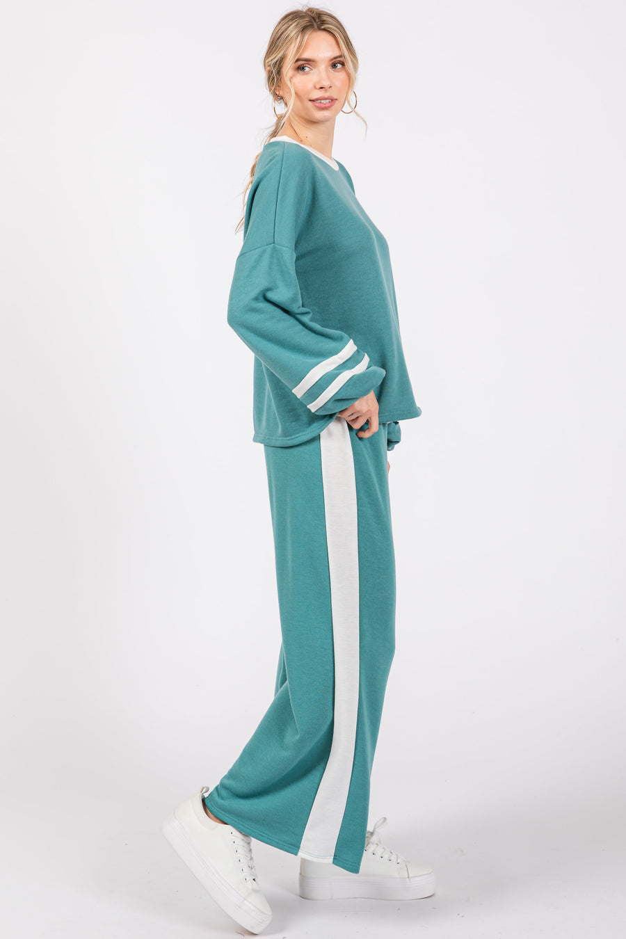 Jade Green Striped Long Sleeve Two-Piece Lounge Set