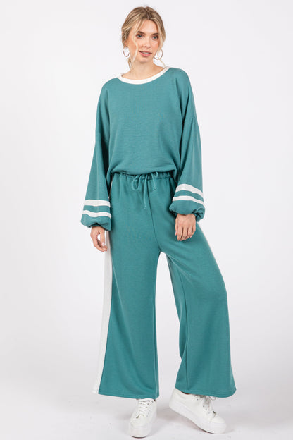Jade Green Striped Long Sleeve Two-Piece Lounge Set