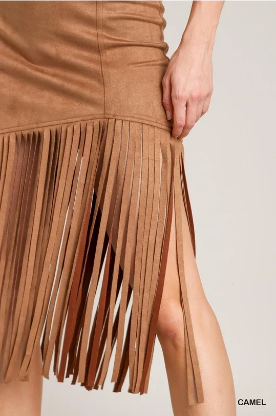 Camel Suede Fringe Mini Skirt