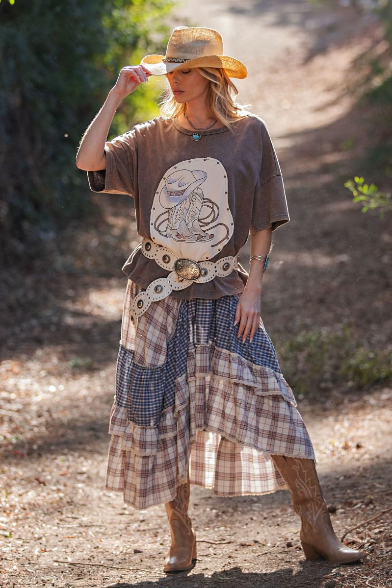 Vintage Plaid Crochet Ruffle Maxi Skirt with Adjustable Waistband