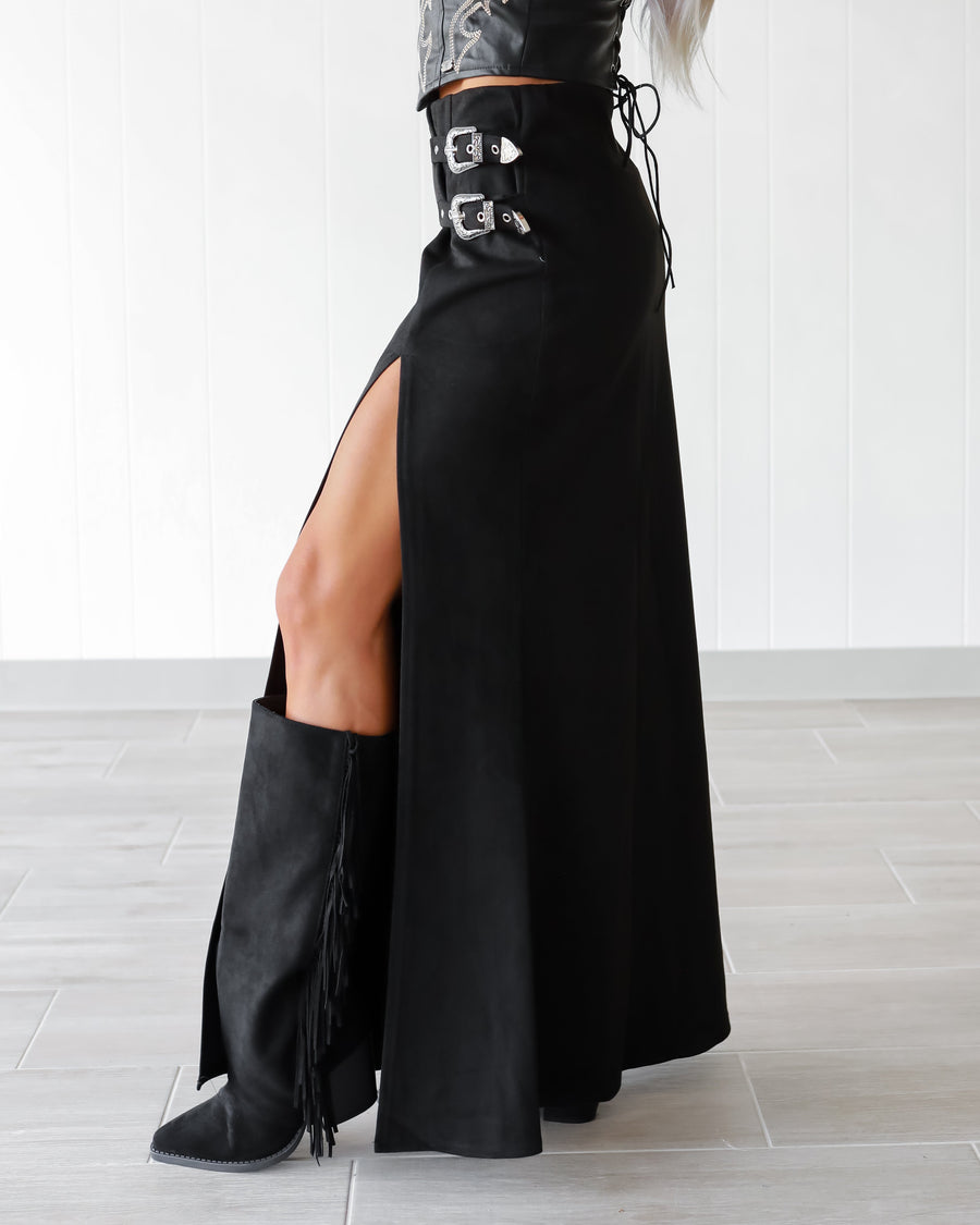 Black Double Buckle High Slit Faux Suede Maxi Skirt