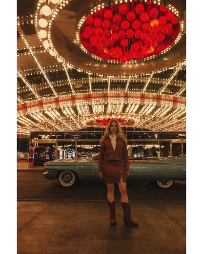 Brown Faux Suede Concho Button Mini Skirt with Elastic Waistband