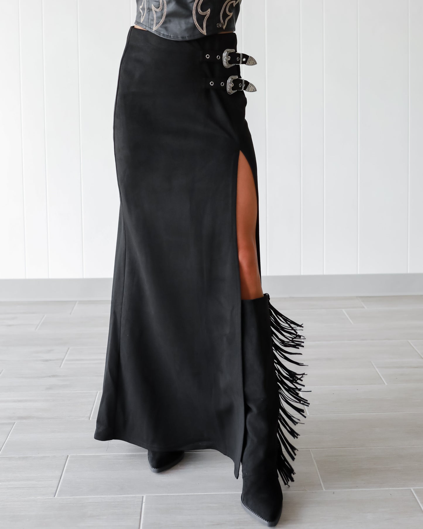 Black Double Buckle High Slit Faux Suede Maxi Skirt