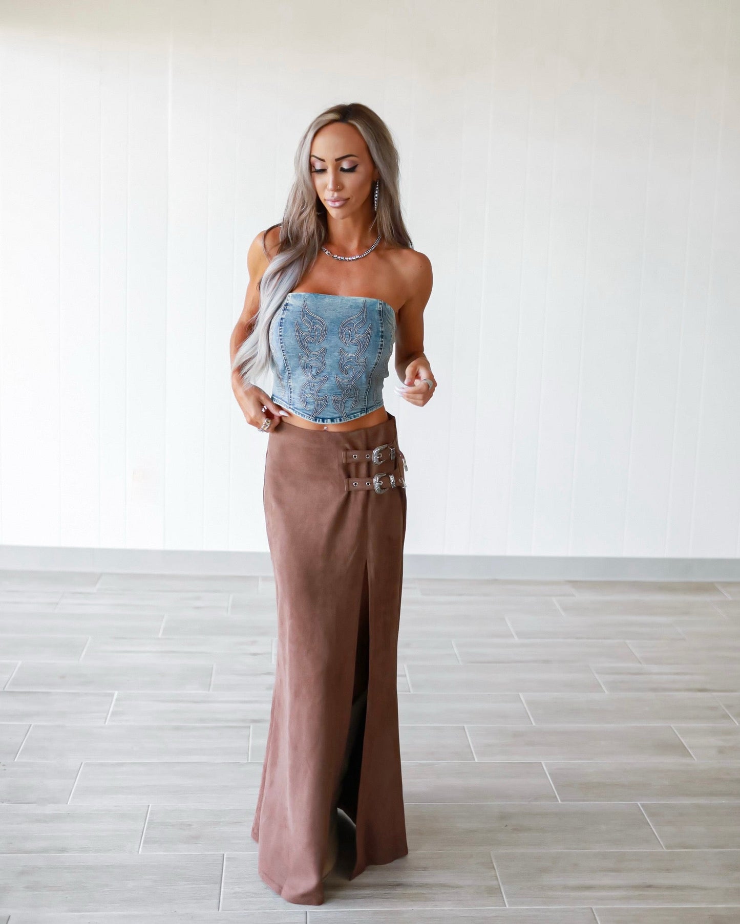 Brown Double Buckle High Slit Suede Maxi Skirt