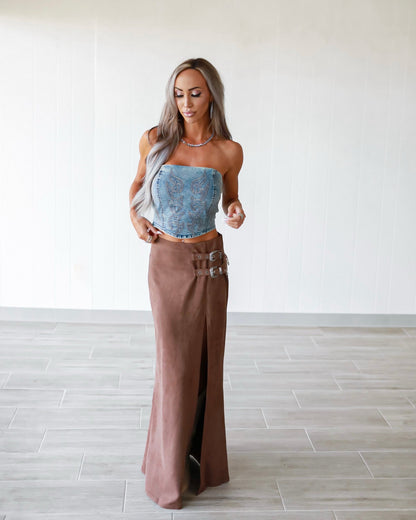 Brown Double Buckle High Slit Suede Maxi Skirt