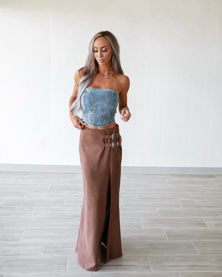 Brown Double Buckle High Slit Suede Maxi Skirt