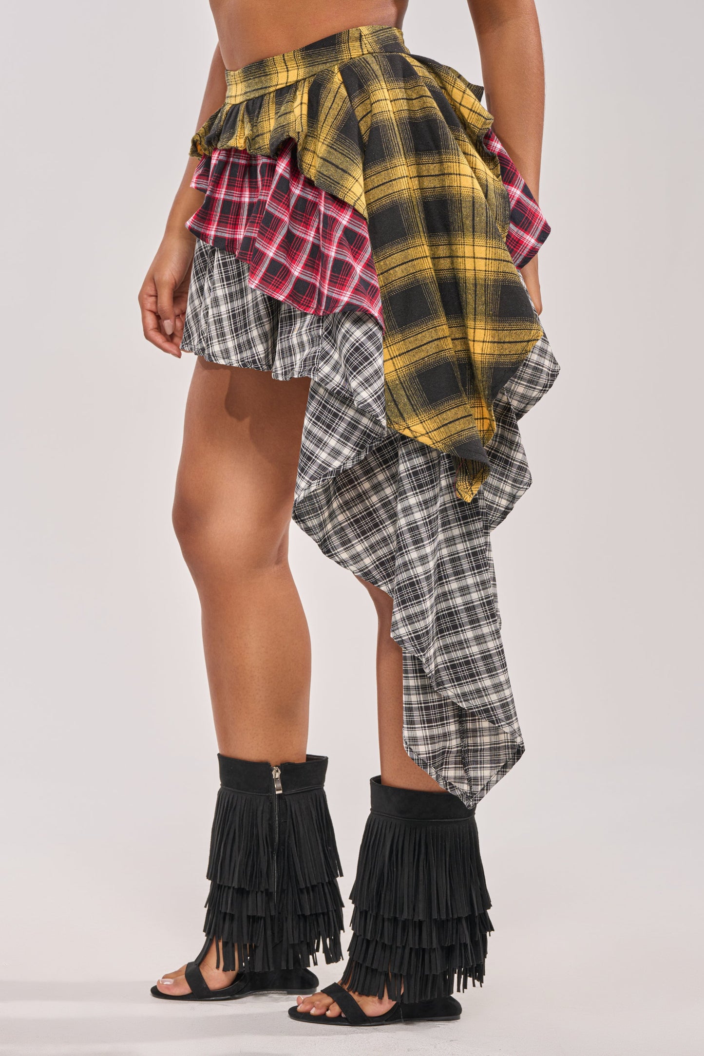 Yellow Mixed Plaid Asymmetrical Ruffle Mini Skirt