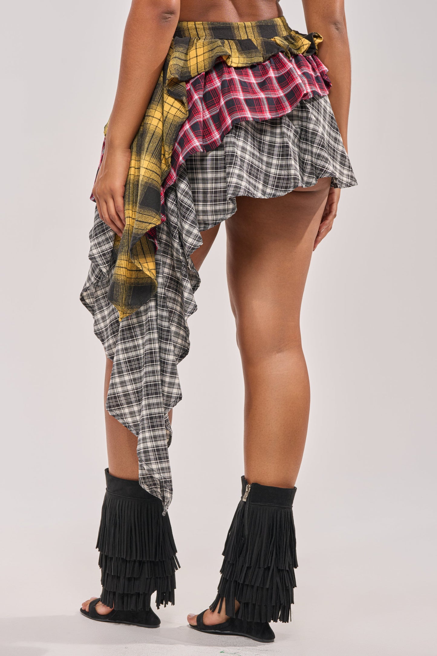Yellow Mixed Plaid Asymmetrical Ruffle Mini Skirt