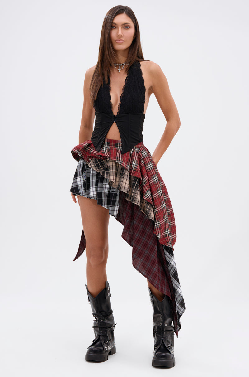 Red Multi Plaid Asymmetrical Mini Skirt