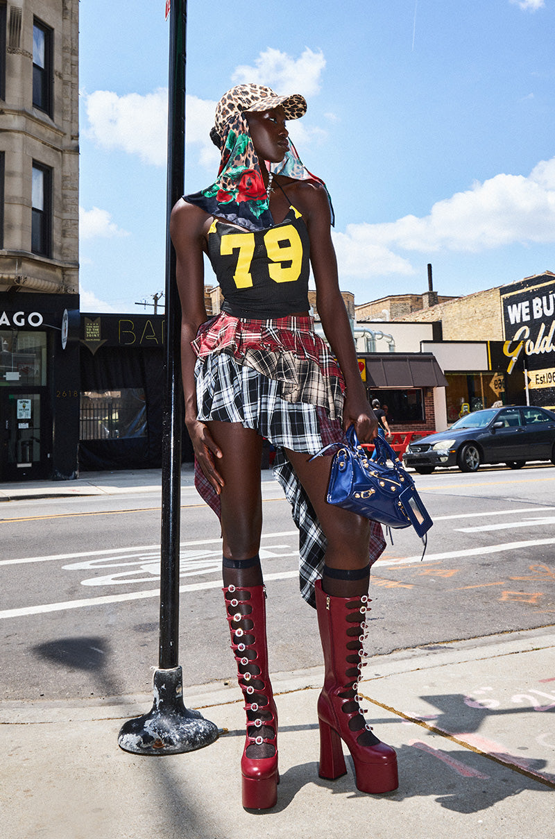 Red Multi Plaid Asymmetrical Mini Skirt