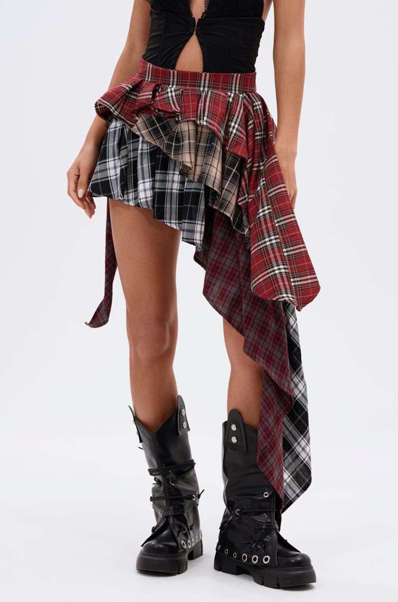 Red Multi Plaid Asymmetrical Mini Skirt