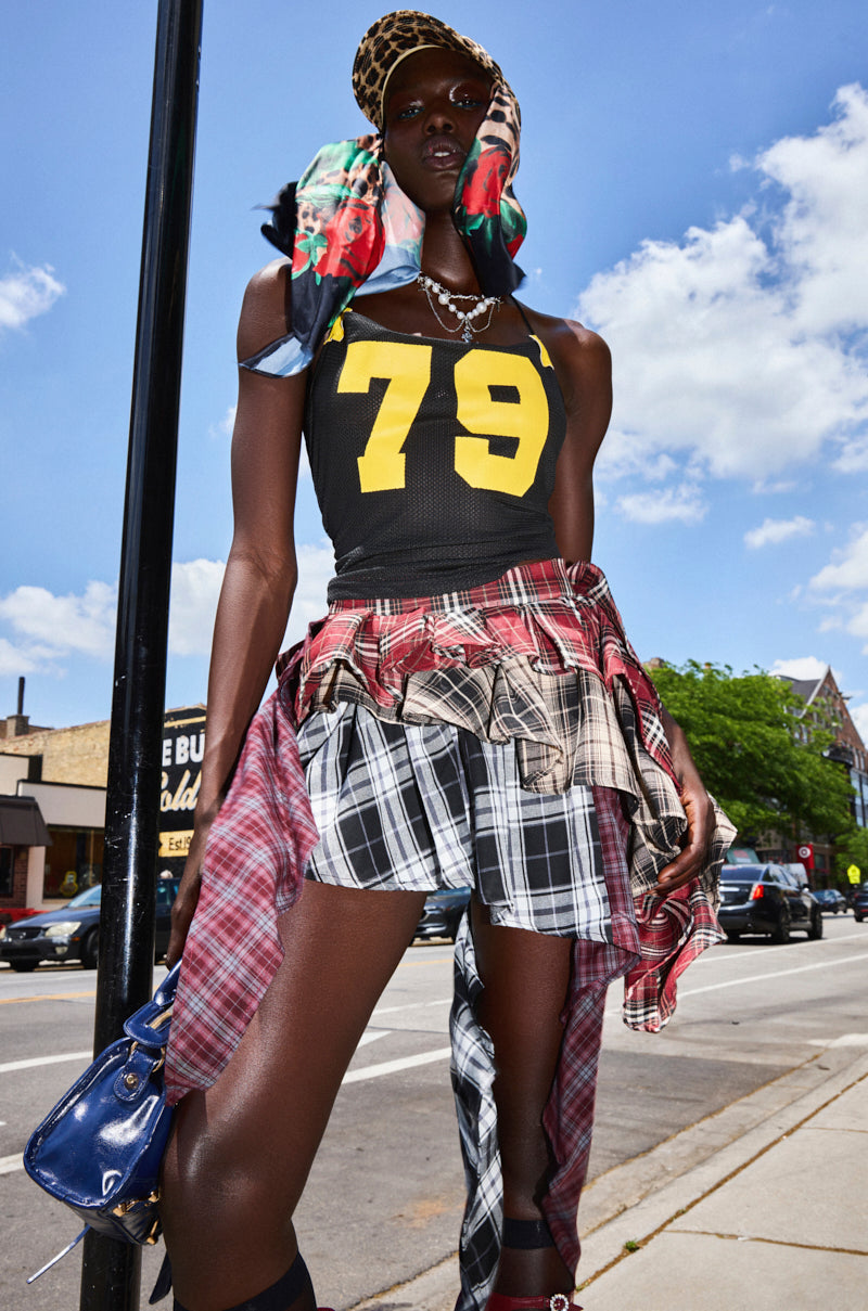 Red Multi Plaid Asymmetrical Mini Skirt