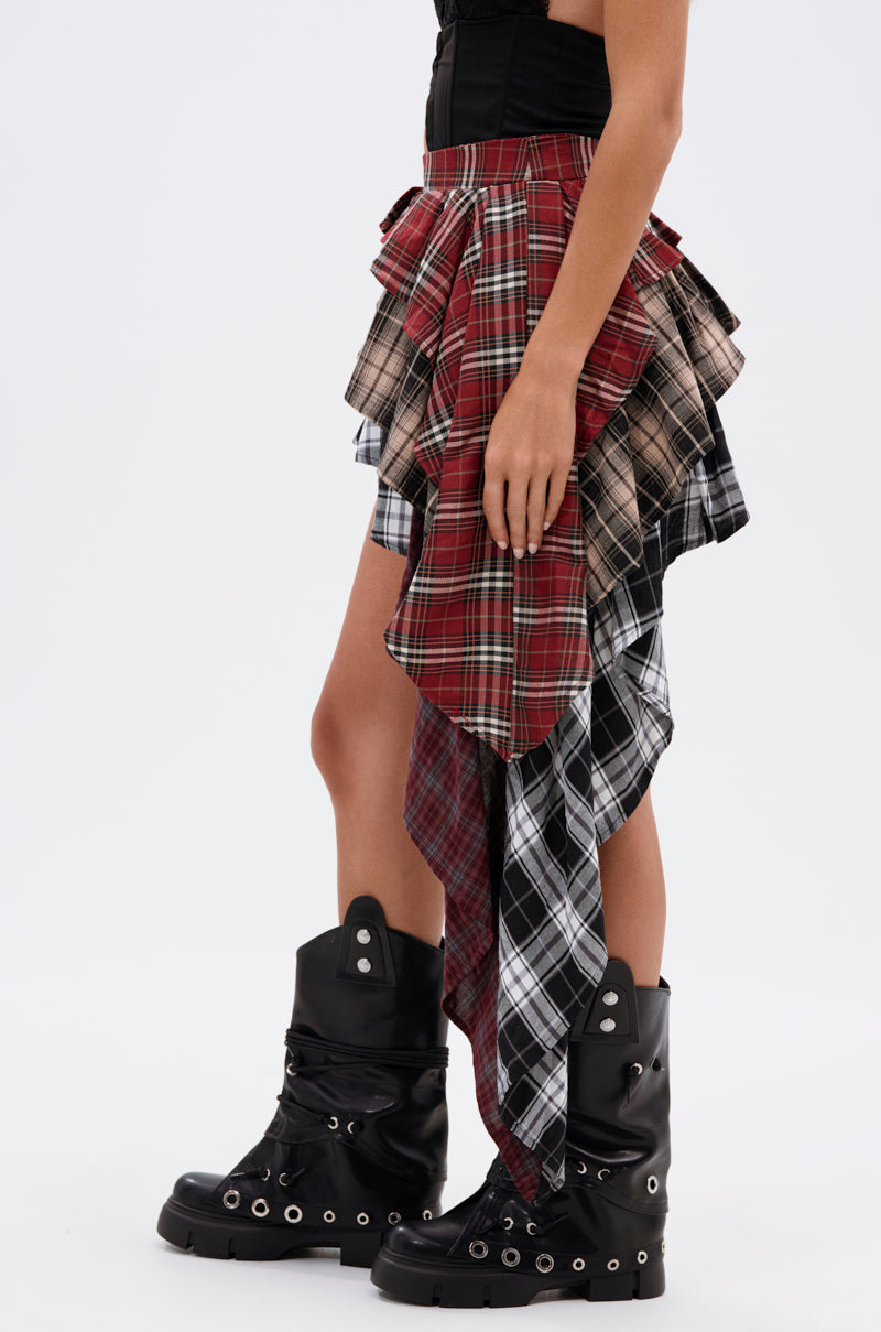 Red Multi Plaid Asymmetrical Mini Skirt