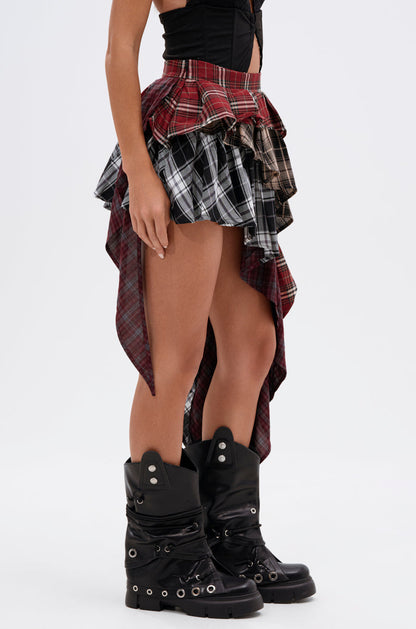 Red Multi Plaid Asymmetrical Mini Skirt