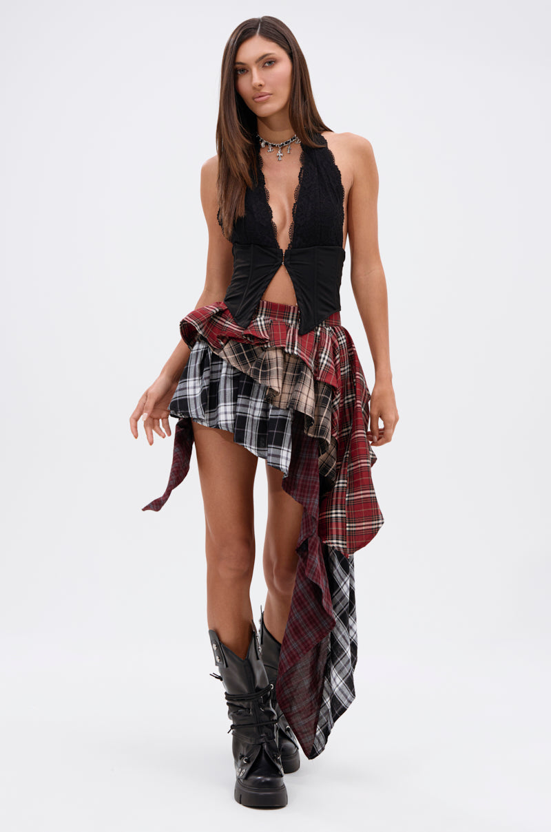 Red Multi Plaid Asymmetrical Mini Skirt