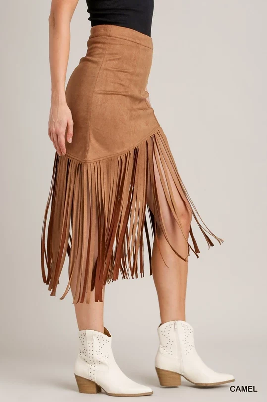 Camel Suede Fringe Mini Skirt