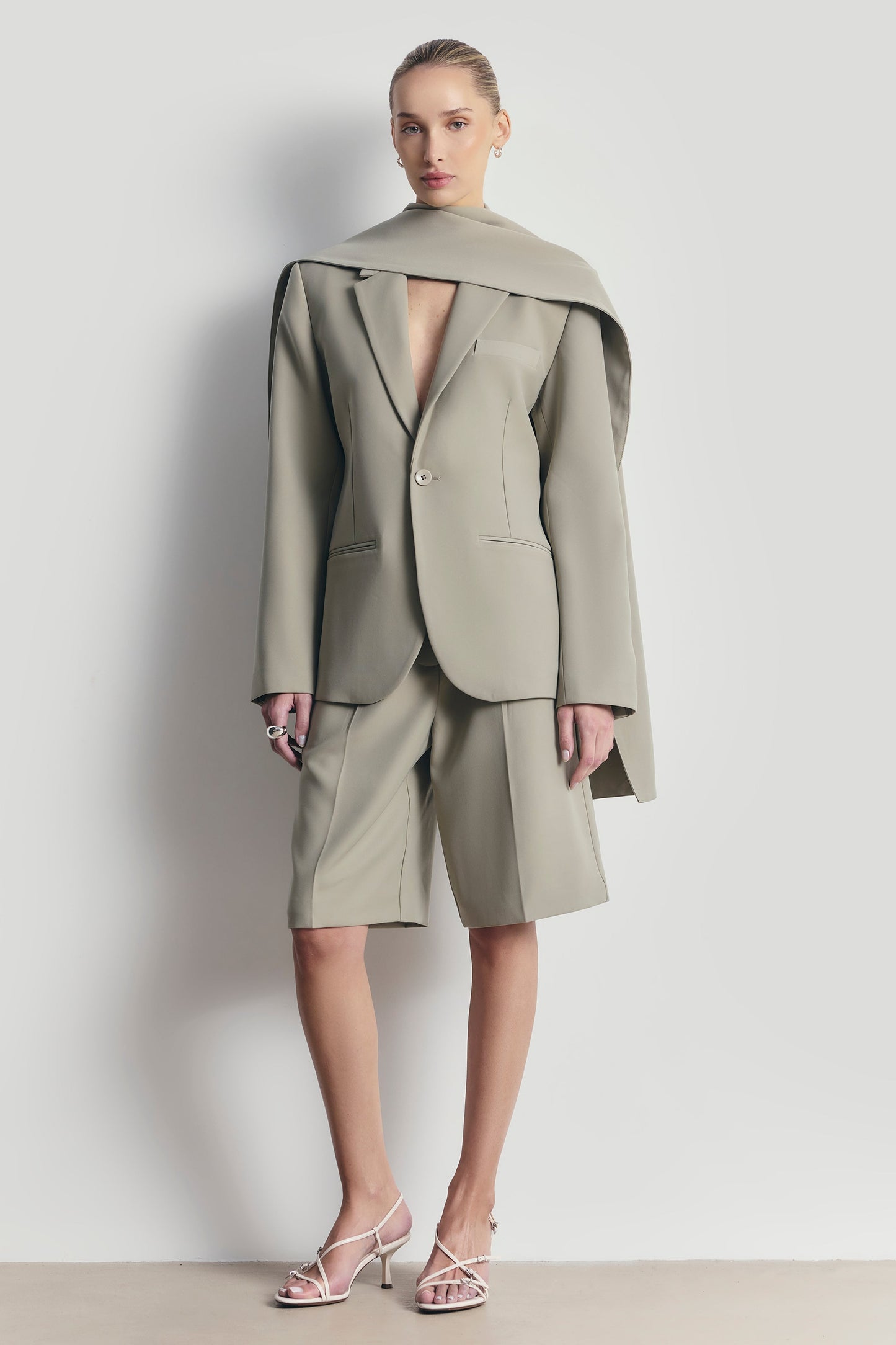 Antique Sage Oversized Blazer with Detachable Shawl Overlay