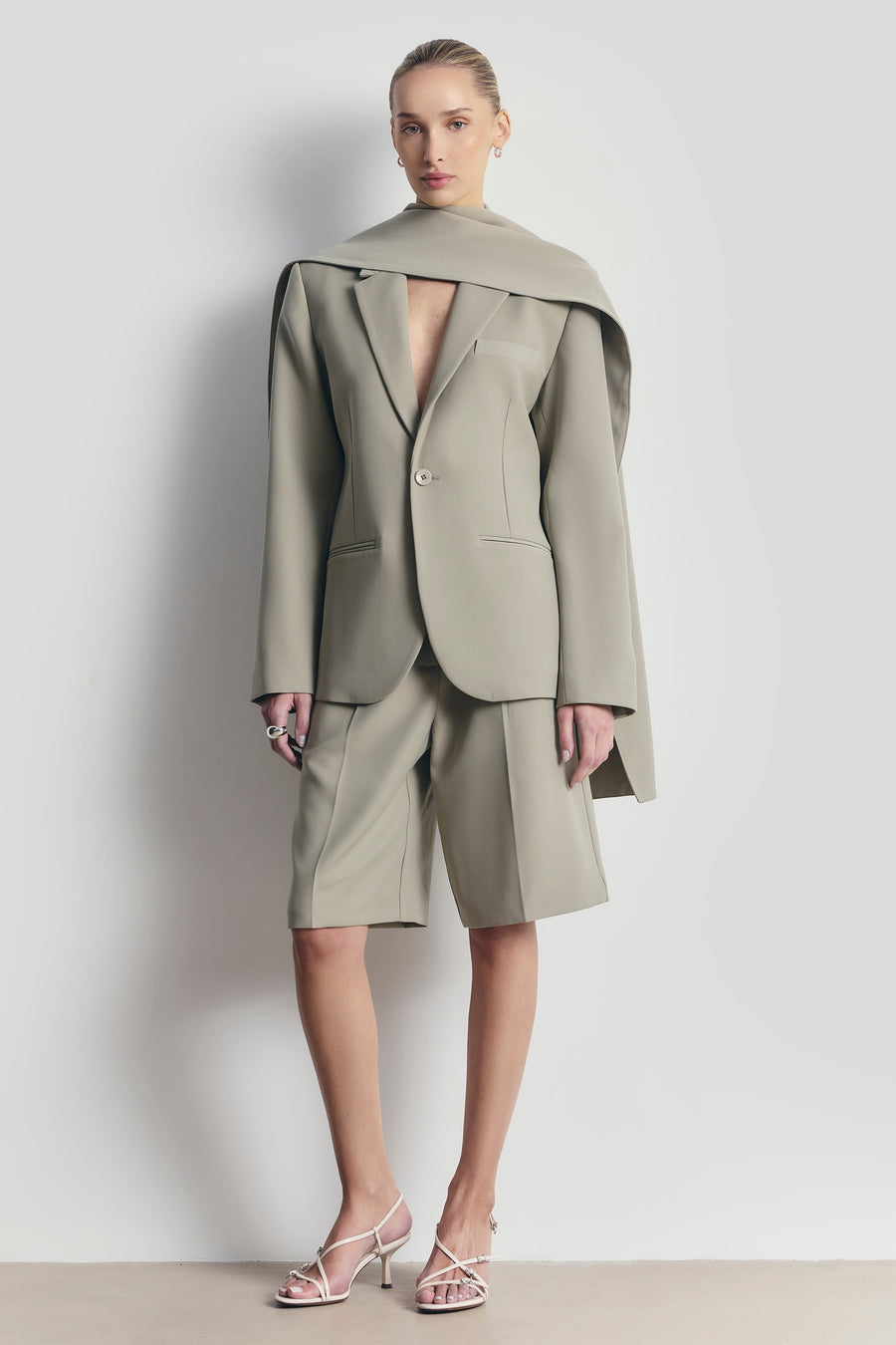 Antique Sage Oversized Blazer with Detachable Shawl Overlay