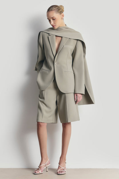 Antique Sage Oversized Blazer with Detachable Shawl Overlay