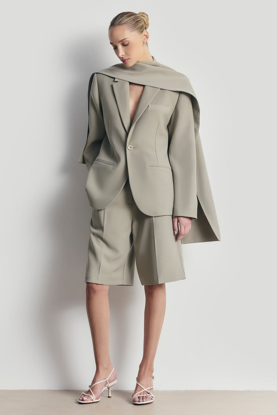 Antique Sage Oversized Blazer with Detachable Shawl Overlay