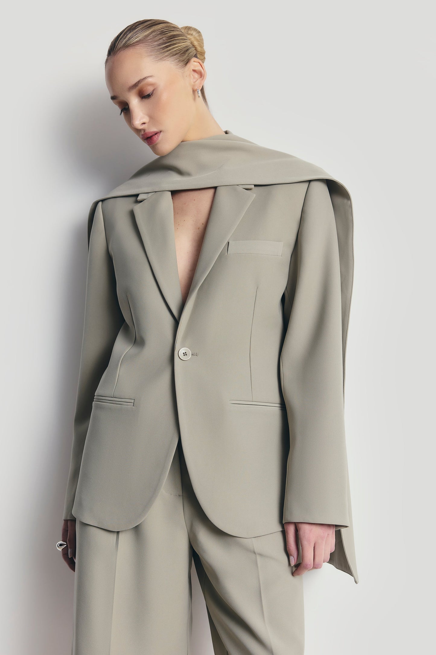 Antique Sage Oversized Blazer with Detachable Shawl Overlay