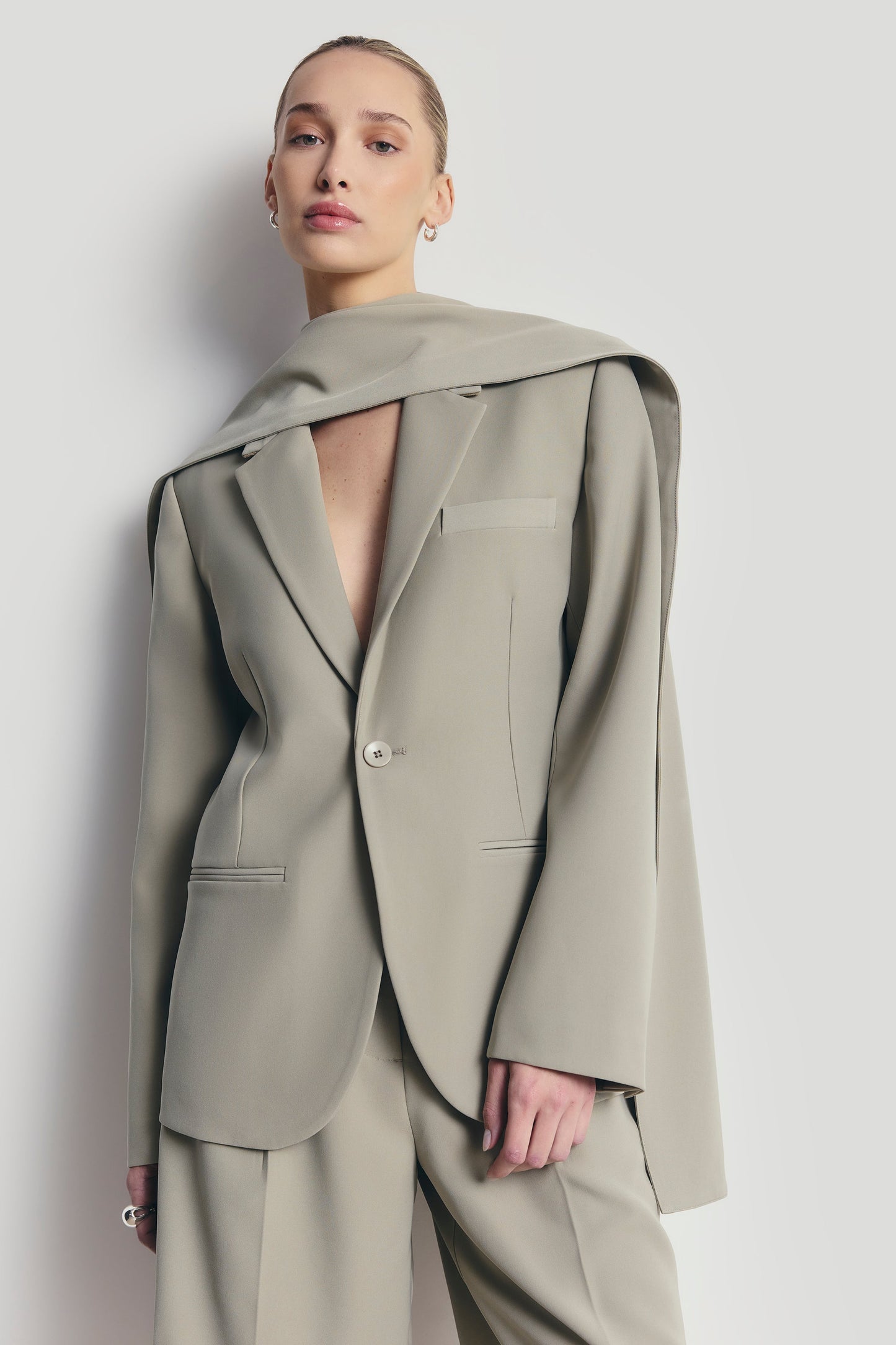 Antique Sage Oversized Blazer with Detachable Shawl Overlay