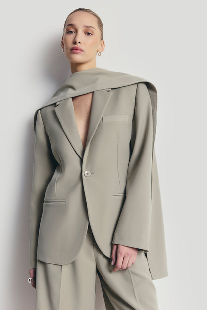 Antique Sage Oversized Blazer with Detachable Shawl Overlay