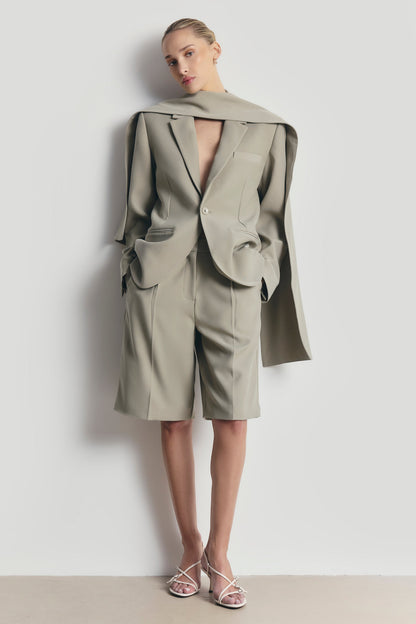 Antique Sage Oversized Blazer with Detachable Shawl Overlay