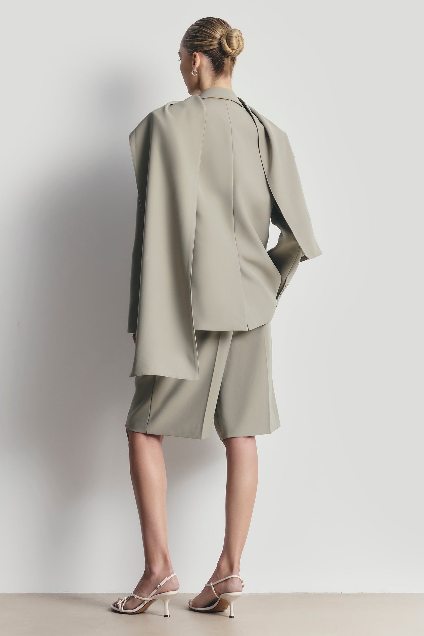 Antique Sage Oversized Blazer with Detachable Shawl Overlay