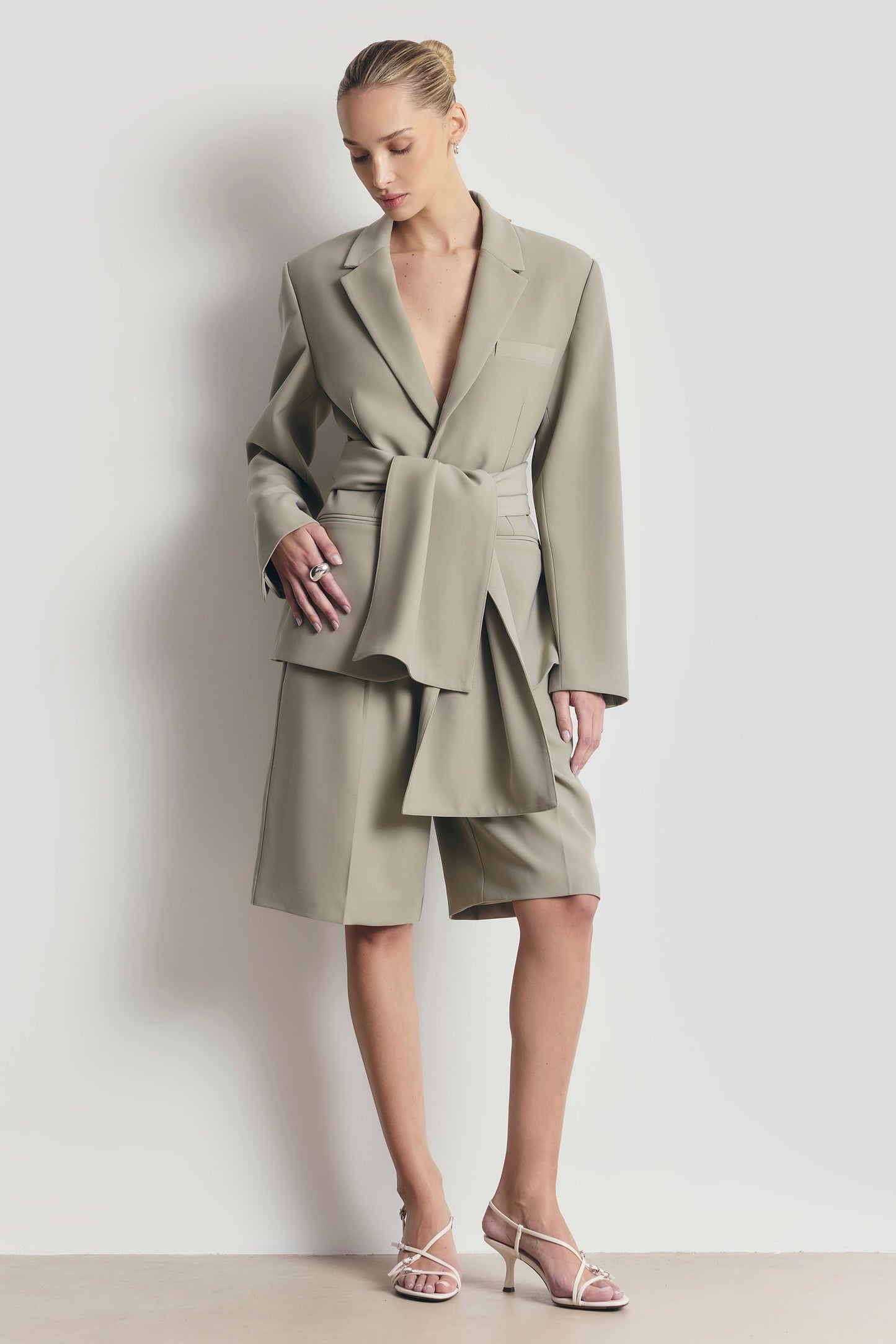 Antique Sage Oversized Blazer with Detachable Shawl Overlay