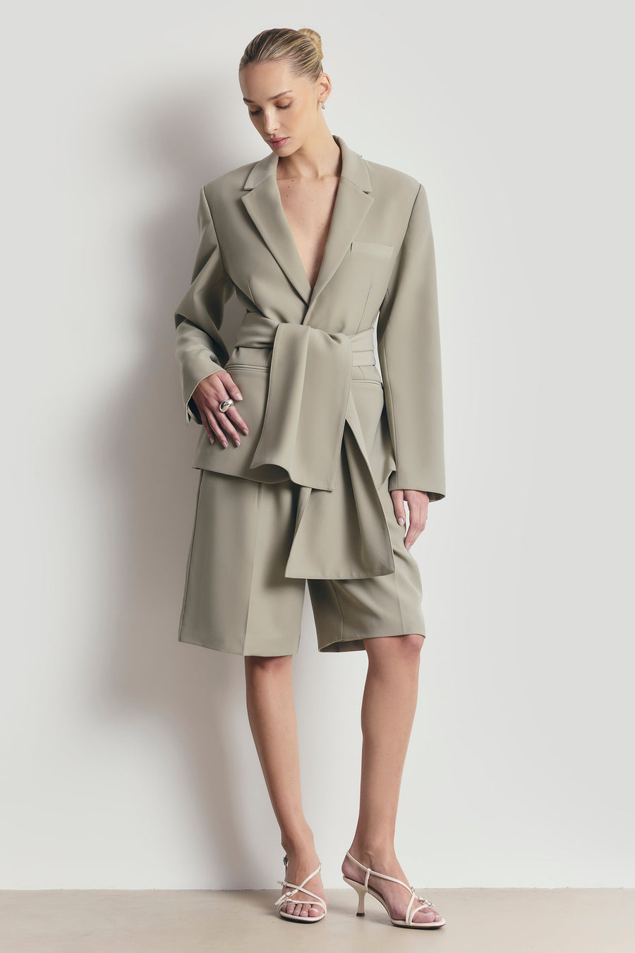 Antique Sage Oversized Blazer with Detachable Shawl Overlay