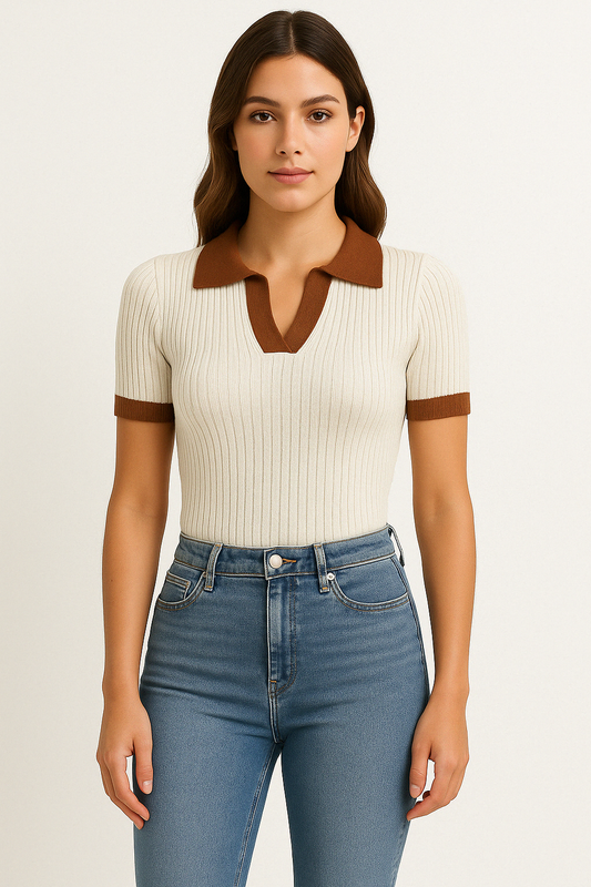 Fiona Ribbed Fitted Polo Shirt in Apricot - front view