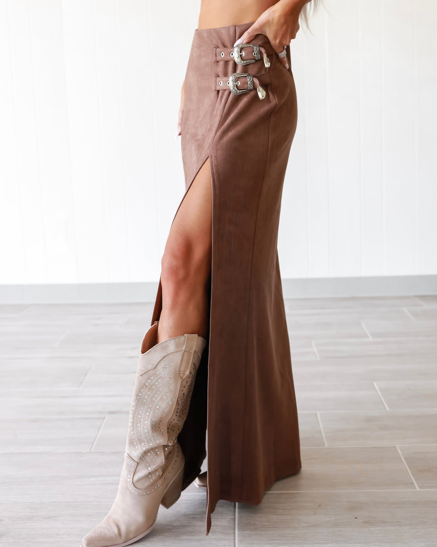 Brown Double Buckle High Slit Suede Maxi Skirt