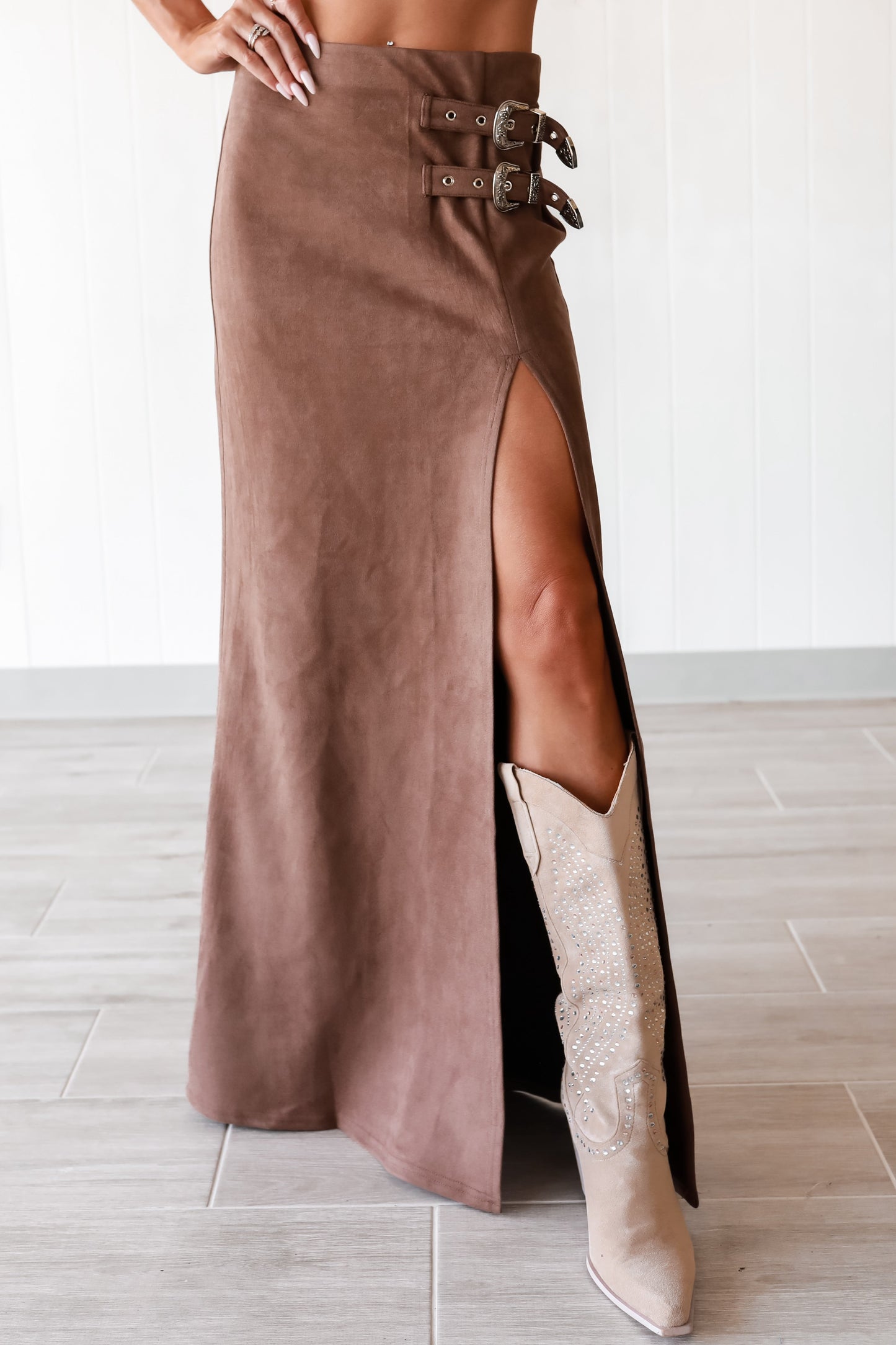 Brown Double Buckle High Slit Suede Maxi Skirt