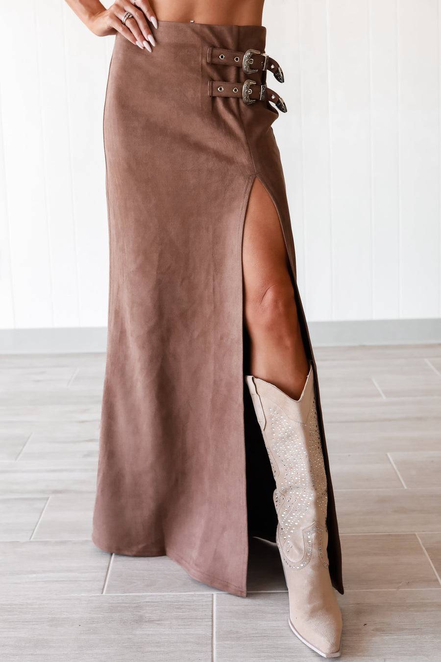 Brown Double Buckle High Slit Suede Maxi Skirt