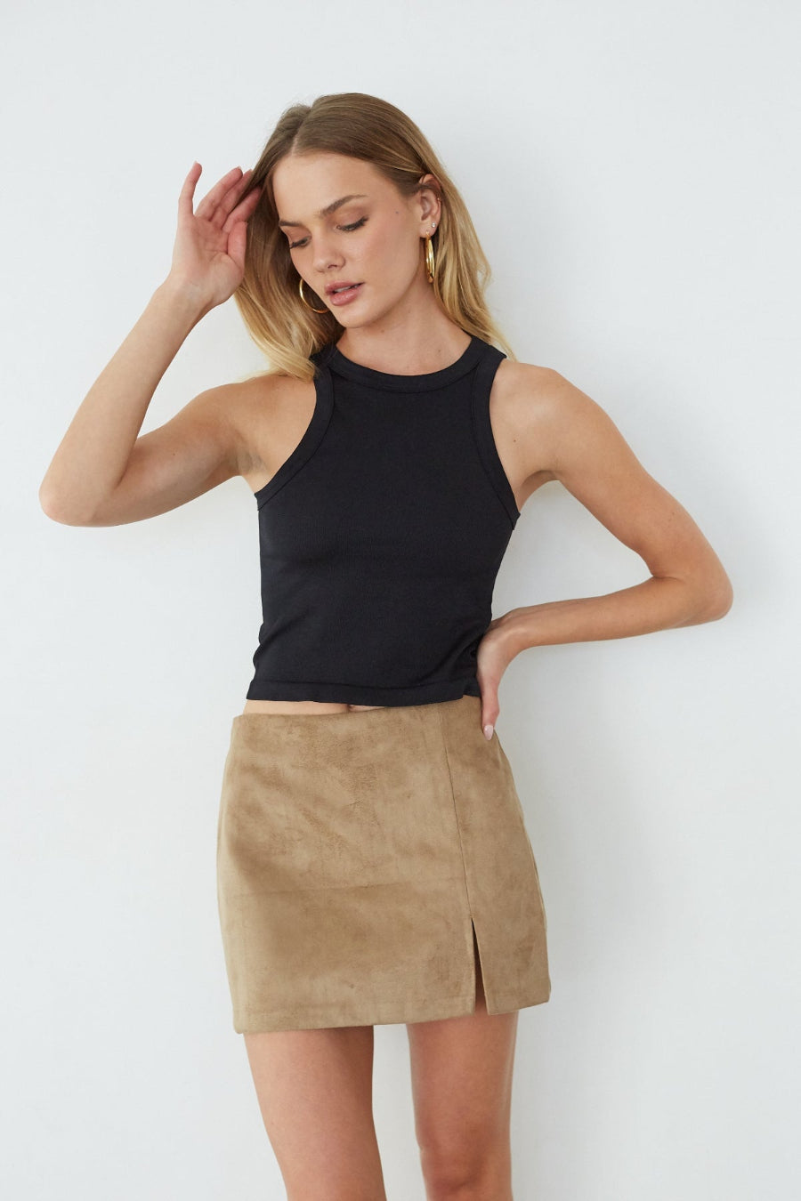 Delara Taupe Suede Side Slit Mini Skort with Hidden Shorts