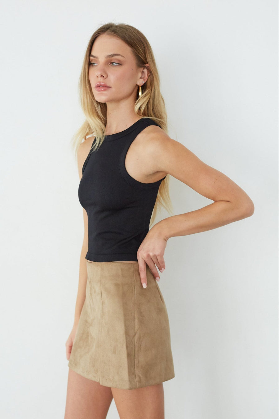 Delara Taupe Suede Side Slit Mini Skort with Hidden Shorts
