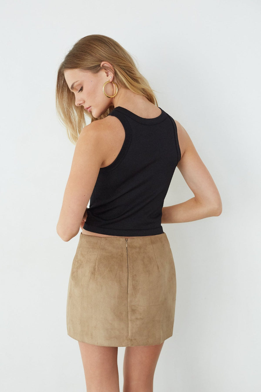 Delara Taupe Suede Side Slit Mini Skort with Hidden Shorts