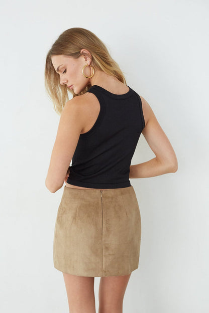 Delara Taupe Suede Side Slit Mini Skort with Hidden Shorts