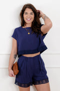Paige Soft Lace Trim Dolman Sleeve Lounge Set with Elastic Waist Shorts