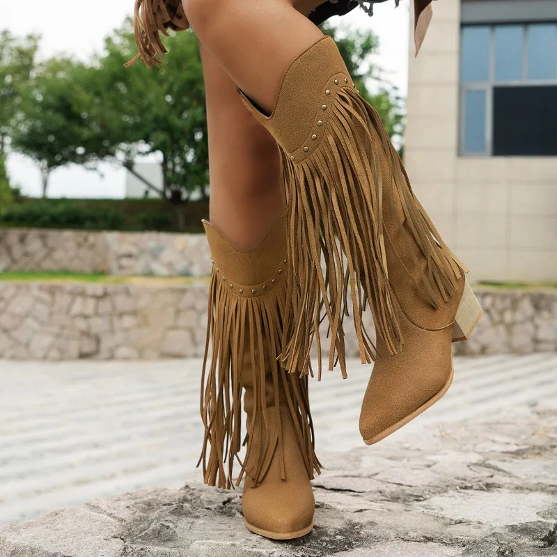 Luvrefashion | Lena Fringe Trimmed Western Ankle Boots in Black - front view