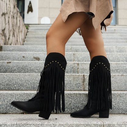Luvrefashion | Lena Fringe Trimmed Western Ankle Boots in Black - back view