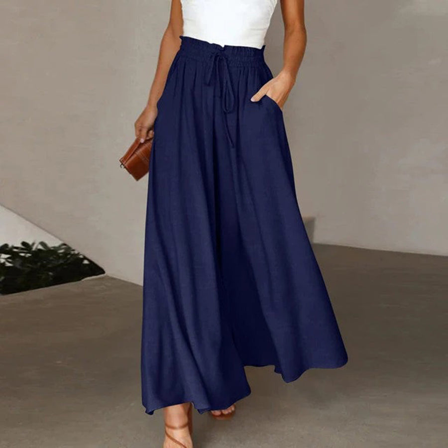 Luvrefashion | Gabriella A Line High Waist Elastic Pants with Drawstring – Long, Airy, and Pocketed in Dark Blue - front view