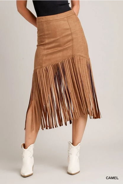 Camel Suede Fringe Mini Skirt