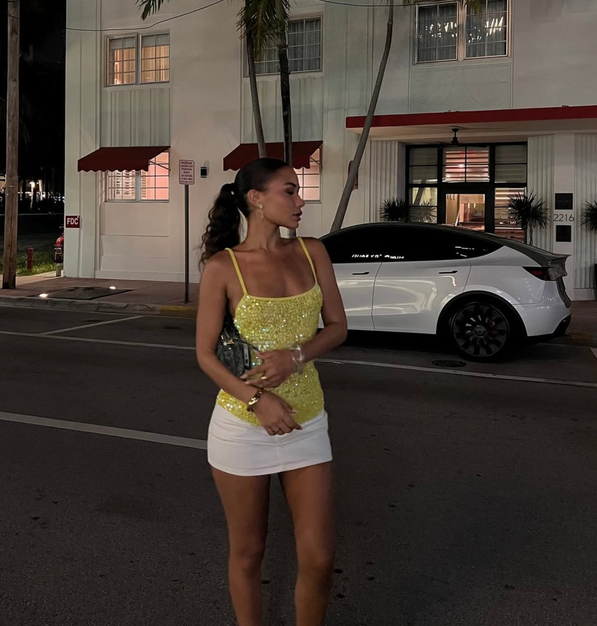 Lemon Sequin Strappy Cami Top for Night Out Glam